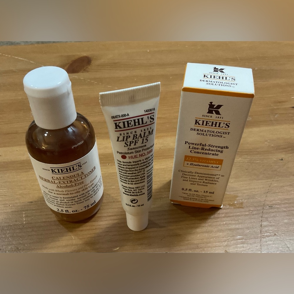Kiehl’s:Trio/set of 3 lip balm hue58B , calendula toner, and wrinkle reducer.